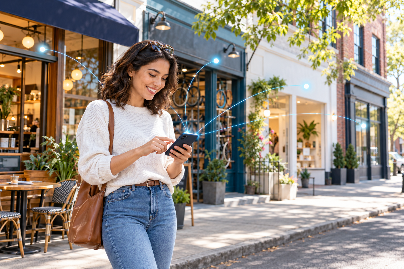 A woman using a phone to discover businesses in a neighborhood commercial district